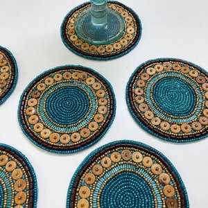 Handmade Round Beaded <b>Coaster</b> With Wood Buttons Blue And Brown Design For Table Decor - Product Image 1
