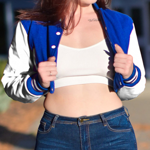 Chaqueta Corta Estilo Universitaria para Mujer, Color Azul Rey con Letras Blancas, Chaqueta Bomber con Mangas de Cuero Sintético, Ropa Exterior Informal, Moda Femenina - Product Image 1