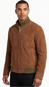 Wholesale <b>Men</b> <b>Suede</b> Bomber <b>Jacket</b> Olive Ribbed Collar Flight Coat Custom Slim Fit Yoke Trim Outerwear Factory - Product Image 4