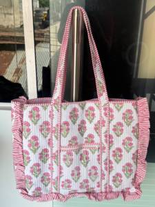 <b>Large</b> Cotton Quilted Frill Tote <b>Bag</b> Block printed floral Tote <b>Bag</b> Personalized bride custom Name Tote <b>Bags</b> <b>Christmas</b> <b>Gift</b> - Product Image 3