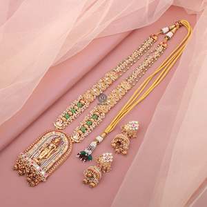 Fashionable Antique Gold Plated Long Necklace Set with Zircon Earrings for Bridal & Festival - Product Image 1