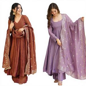 ชุดเดรสยาว TENNECY ดีไซน์เนอร์ งานปักเลื่อมหนัก พร้อมผ้าคลุมไหล่แบบกลับด้านได้ แห้งเร็ว ไม่ยับ สำหรับผู้หญิงอินเดีย - Product Image 1