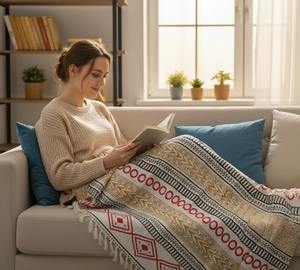 Plaid de voyage et de canapé 100% Coton Biologique Fait Main de Luxe Écologique Toutes Saisons Moderne Imprimé au Bloc Tissé Respirant - Product Image 2