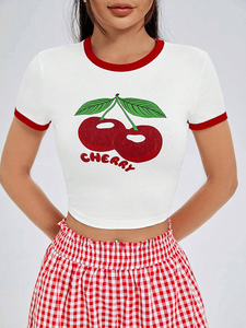 <b>White</b> Short Sleeve Crop Top O-Neck <b>Slim</b> <b>Fit</b> Knitted Men's T-<b>Shirt</b> With Red Contrast Trim Casual Solid Design - Product Image 5