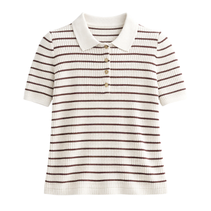 Camiseta Polo de Punto Calado a Rayas para Mujer, Manga Corta, Cierre de Botones, Estilo Casual de Verano, Transpirable, Texturizada, a la Moda - Product Image 1