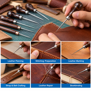 6 Piece Stainless Steel Leather Stitching <b>Awl</b> Set with Wooden Handles for Jewelry Making Leathercraft <b>Sewing</b> Repair and DIY - Product Image 4