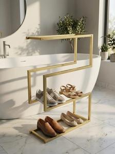 Luxury Gold <b>Shoe</b> <b>Rack</b> Three Tier Geometric Frame Space Saving Organizer Strong Stable Design Modern Home Display Storage - Product Image 2