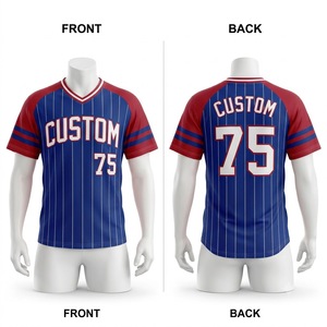 Maillot de baseball personnalisé pour homme, bleu et rouge rayé, col en V, manches courtes, respirant, coupe classique, imprimé, vêtements de sport pour adulte - Product Image 1