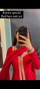 Red Cotton Lace Quick Dry <b>Kurta</b> Dupatta Set Women's Ethnic Wear Regular Length Traditional <b>Indian</b> Pakistani Suit for Karwa - Product Image 4
