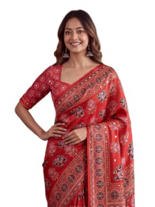 <b>Red</b> Ajrak Digital Print Silk <b>Saree</b> For Women Traditional Wedding Wear Floor Length Wrinkle Free Regular Fit India Pakistan Style - Product Image 5