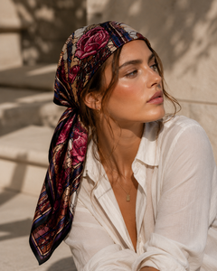 Printed Floral Silk Scarf Stained Glass Style Square Shawl <b>Pink</b> Rose Gift <b>Wrap</b> for Women - Product Image 2