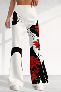 Hardhoodi Interination Women High Waist <b>Flare</b> Pants <b>White</b> Black Red Floral Print Elastic Waist Full Length Fashion <b>Trousers</b> Four - Product Image 4