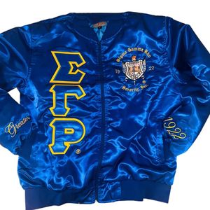 Custom Sigma Gamma Rho Royal Blue Satin <b>Jacket</b> <b>Women</b> Embroidered Greek Letter Sorority <b>Bomber</b> Coat <b>Lightweight</b> Fashion Outerwear - Product Image 2