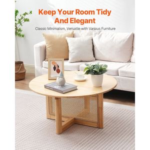 Mesa de Centro Moderna Boho de 33 Pulgadas, Circular, de Mimbre Tejido con Superficie de Madera de Caucho, Estilo 2022, para Uso en Interiores/Exteriores - Product Image 2