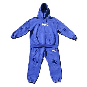Survêtement unisexe bleu délavé à capuche, manches longues, 100 % coton, coupe décontractée, idéal pour l'hiver, avec logo sur le devant - Product Image 5