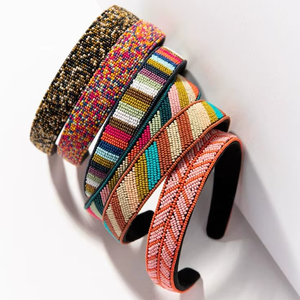 Diadema de cuentas hecha a mano con base de tela acolchada, aro de pelo con cuentas de colores, para uso diario de mujer, estilo bohemio, suministro al por mayor - Product Image 1