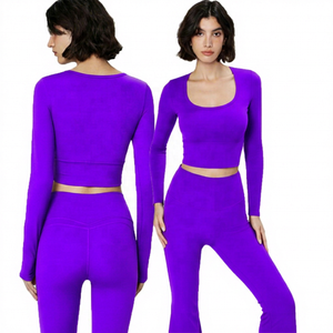 Women's Purple <b>Long</b> <b>Sleeve</b> Crop Yoga Fitness Wear Regular Fit Solid Color Activewear Breathable Eco-Friendly Quick Dry - Product Image 5