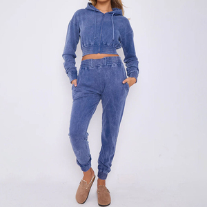 Custom Women's Vintage Two-Piece <b>Cropped</b> Acid Wash Cotton Zip Tracksuit Solid Pattern Short Length <b>Tops</b> for Winter - Product Image 6