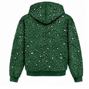 Forest Green Pearl Full <b>Zip</b> <b>Hoodie</b> Crystal Studded Streetwear Jacket Long Sleeve Hooded Sweatshirt With Front <b>Pockets</b> - Product Image 2
