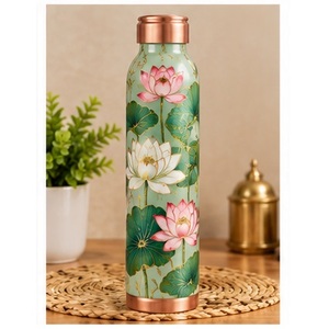 Bouteille d'eau en cuivre à motif floral de lotus antique, garniture en cuivre, thermos de voyage portable - Product Image 1