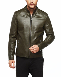 Blouson moto homme en cuir PU vert olive, col montant, fermeture éclair, coupe ajustée, manches classiques, couleur unie, pour l'automne - Product Image 6