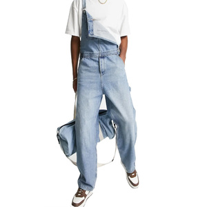 Salopette en jean décontractée taille haute pour homme, style streetwear, respirante, en coton délavé, coupe ample - Product Image 4