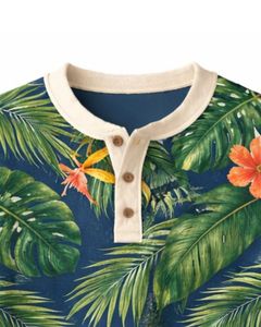 Chemise Henley à imprimé tropical pour homme, bleu marine et vert floral, manches longues, patte de boutonnage, style décontracté, été, plage, mode - Product Image 5