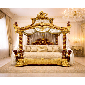 Traditional Maharani Style Canopy Bed with Side <b>Table</b> Grand Palace Style Four Poster Bed Gold Finish Master Bedroom Furniture UK - Product Image 1