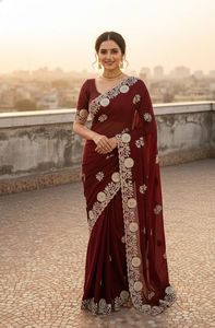 Indian Ethnic Beautiful and Elegant <b>Saree</b> with Embroidery Work for Partywear and Wedding Occasion for Women Fancy Trendy Outfit - Product Image 3