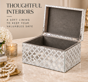 Ivory Silver <b>Mirrored</b> Glass Jewelry <b>Storage</b> Box <b>with</b> Geometric Pattern Soft Lining Decorative Keepsake and Vanity Organizer - Product Image 3