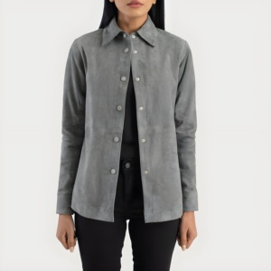 Chaqueta de Mujer de Cuero Genuino Gris de Alta Calidad, Estilo Biker, Venta al Por Mayor, Logotipo Personalizado OEM, Cierre de Botones, Abrigo Moderno 2026 - Product Image 5