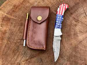 UA Supplies Industrial Grade Damascus Steel Straight <b>Clip</b> Point Folding Knife Custom Flag Customized Handle OEM Hunting EDC - Product Image 5