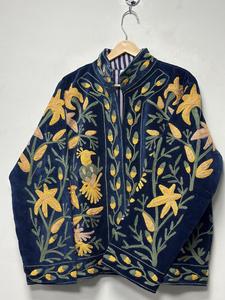 Ethnic Navy Blue <b>Velvet</b> Suzani Embroidered <b>Jacket</b> with Floral Pattern Full Sleeve Stand Collar Bohemian Women's Winter Outerwear - Product Image 4