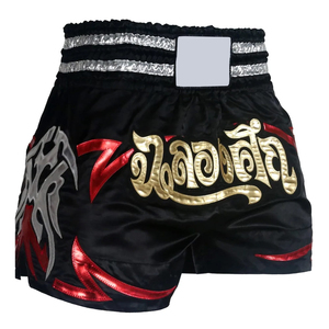 GRACE COLLECTION Pantalones Cortos Negros de Artes Marciales Mixtas para Mujer, Corte Regular, Diseño con Letras Tailandesas, Detalles en Rojo y Dorado, Poliéster y Nailon Elásticos - Product Image 1