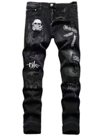 Pantalon en jean noir déchiré, brodé et patché, coupe droite, style streetwear hip-hop Y2K gothique pour homme