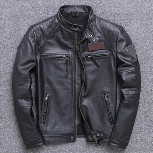 Chaqueta de Motociclista de Cuero Genuino Negro para Hombre, Cuello Alto, Cierre de Cremallera, Bolsillos Delanteros, Corte Regular, para Otoño - Product Image 5