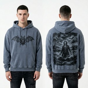 Custom Slate Blue Acid Wash Hoodie Men Oversized Streetwear Pullover Heavy Cotton Fleece Gothic Graphic Print Hooded Sweatshirt - Product Image 1