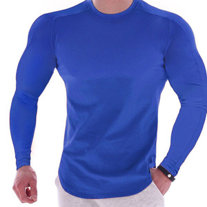 T-shirt de compression à manches longues pour homme, bleu uni, séchage rapide, coupe ample, écologique, respirant, col rond, en polyester tricoté - Product Image 2
