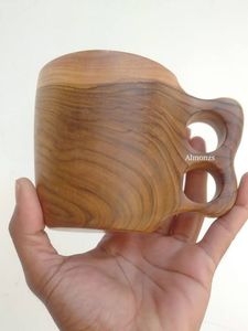 Tasses à café et à thé en bois faites à la main avec soucoupes, grain de bois naturel, design minimaliste, forme ronde, poignée pour le thé de l'après-midi - Product Image 2