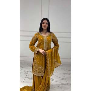 Vestidos de carrera de diseñador Top-Plazzo y Dupatta con trabajo de secuencia de bordado - Product Image 1