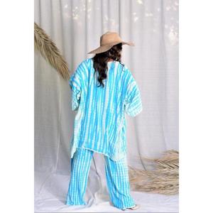 Kimono Elegante para Mujer con Estampado Tie Dye Azul y Blanco, con Frente Abierto, Pantalones Anchos Cómodos con Cintura Elástica, 100% Algodón - Product Image 4