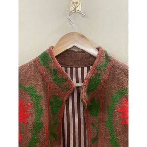 Floral Embroidered Cotton Winter <b>Jacket</b> Women Mandarin Collar Full Sleeve Open Front Handmade Design - Product Image 3