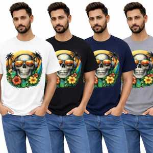 Camiseta de Manga Corta con Estampado Tropical de Calavera Roja para Hombre, Cuello Redondo, Informal, para Verano, con Estampado Digital, Tela Jersey - Product Image 4