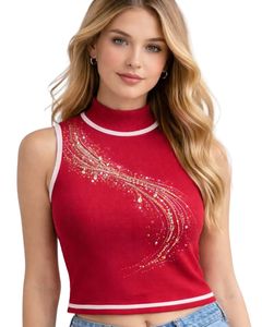 Camiseta sin mangas personalizada para mujer, roja, con cuello alto acanalado y diseño de ondas con pedrería, para verano, fabricante personalizado - Product Image 1