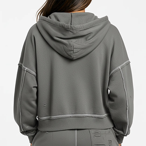 Custom Printed Front Acid Wash Streetwear Vintage Drop Shoulder <b>Crop</b> Top <b>Zip</b> <b>Up</b> Hoodie Women's Winter Contrast Stitch Breathable - Product Image 3