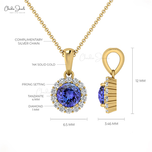 Handmade 14k <b>Solid</b> <b>Gold</b> Genuine 4mm Brilliant Round Cut Tanzanite Halo <b>Pendant</b> with 1mm Prong-Set Diamond <b>Pendant</b> Necklace - Product Image 4