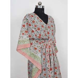 Robe Kaftan Midi Femme 100% Coton Faite à la Main, Col V, Motif Floral Vintage Romantique, Manches Courtes, Légère, Printemps - Product Image 5