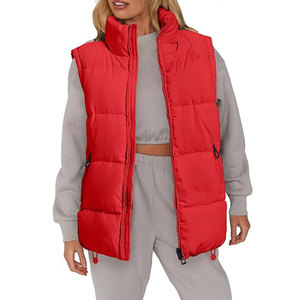 Gilet matelassé rouge pour femme avec fermeture éclair, col montant, vêtement d'extérieur décontracté, couleur unie, léger et isolant - Product Image 1