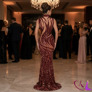 Vestido de Noche Largo de Lujo Color Borgoña con Cuentas y Lentejuelas Hechas a Mano, Estilo Sirena, para Mujer |   Cuello alto sin mangas con cristales naturales - Product Image 5