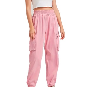 Women Pink Cargo Pants Mid Waist Elastic Loose Fit <b>Ankle</b>-Length Solid Color Cotton Casual Spring Style With Pockets - Product Image 1